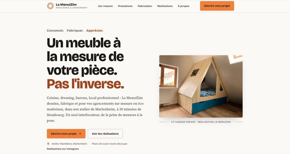 Nouveau site de La MenuiZim : mise en page claire, titre fort et bouton d’action visible.