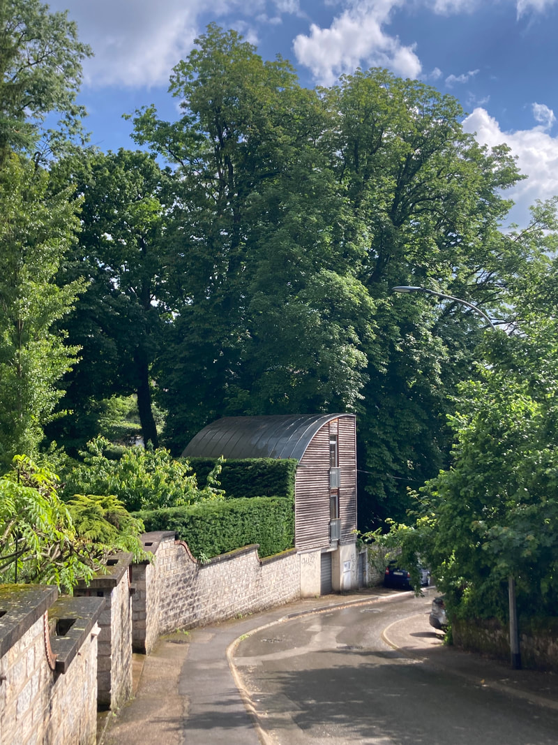 Le chemin du Crotot et la toiture courbe de l'agence sous les arbres