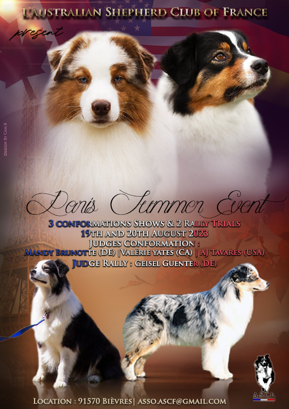 Affiche du Paris Summer Event ASCF : trois shows de conformation et deux rally trials les 19 et 20 août à Bièvres, juges Mandy Brunotte et Valérie Yates