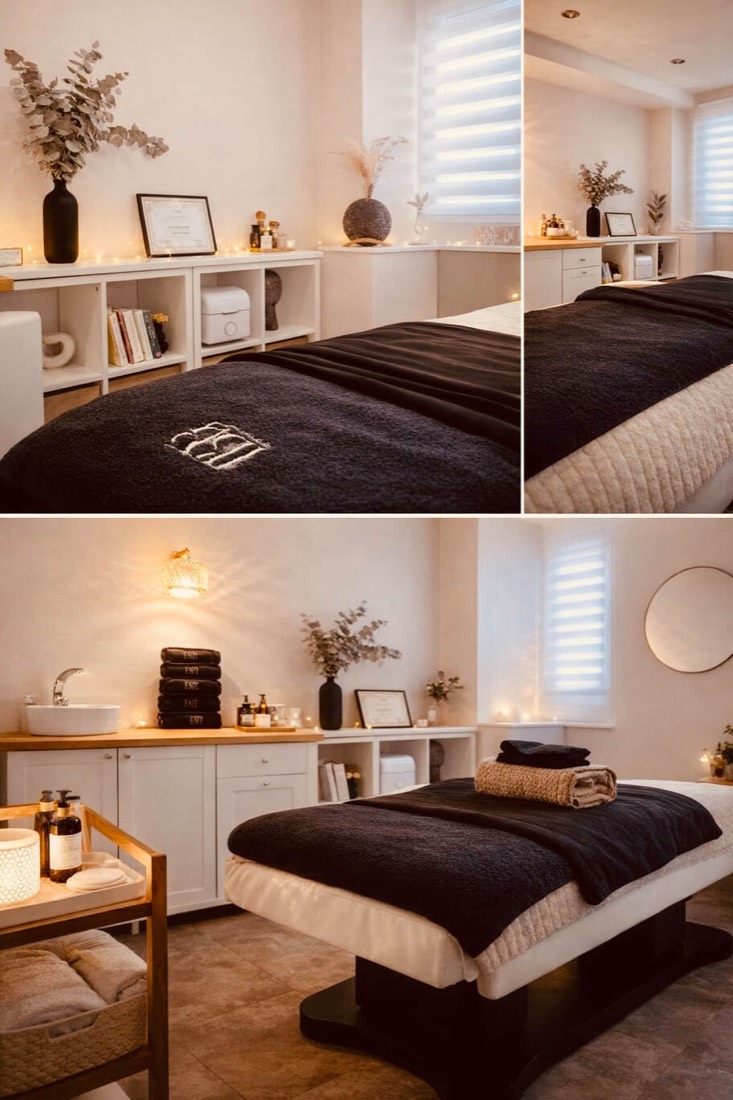 Cabine de soin de Virginie Lopez : table de massage avec linge noir, lumière douce et décoration épurée