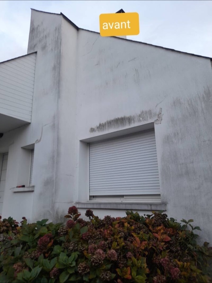 La façade avant ravalement, enduit fissuré et noirci par les mousses et la pollution