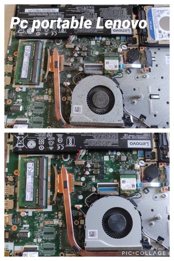 Intérieur d'un PC portable Lenovo empoussiéré avant nettoyage, puis nettoyé après intervention