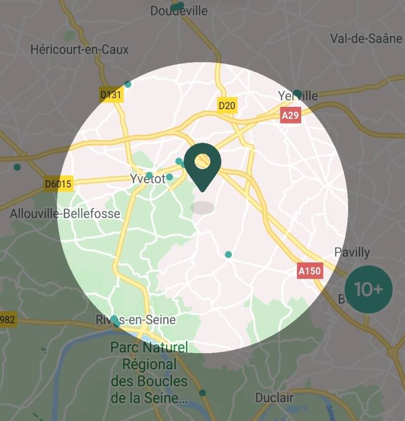 Carte de la zone d'intervention autour d'Yvetot, couvrant un rayon de 15 kilomètres