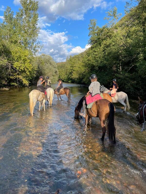 Cavaliers faisant boire leurs chevaux lors de la traversée d'une rivière