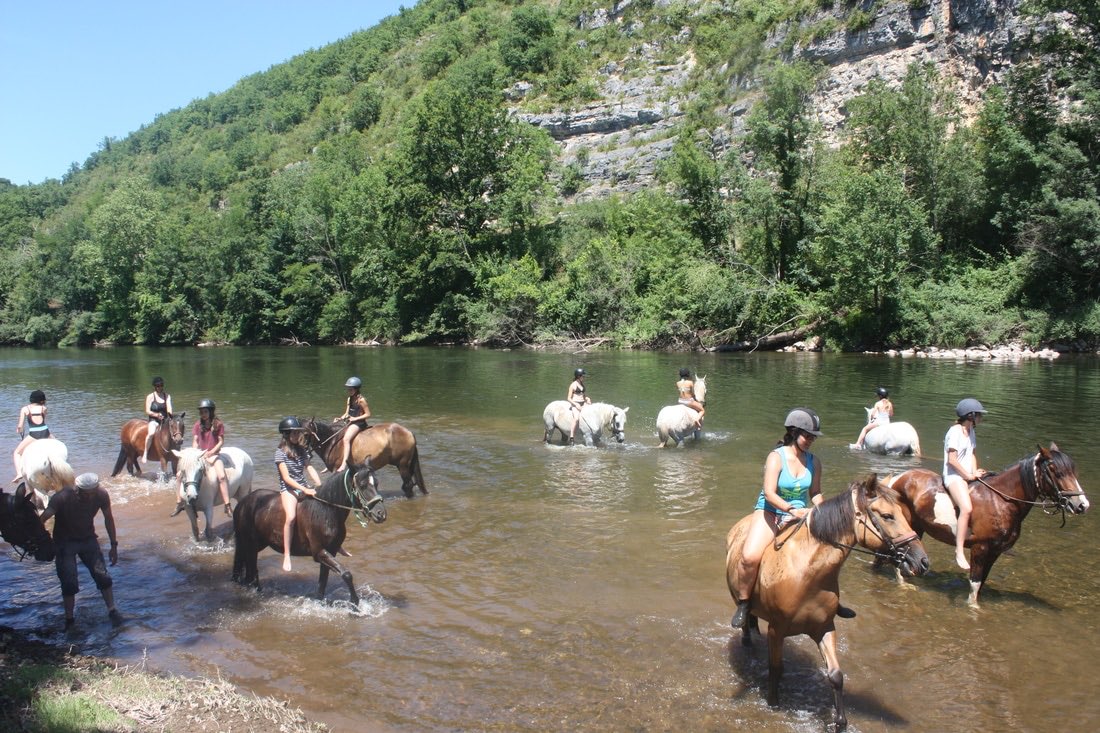 Cavaliers faisant traverser une rivière à leurs chevaux pendant une randonnée équestre