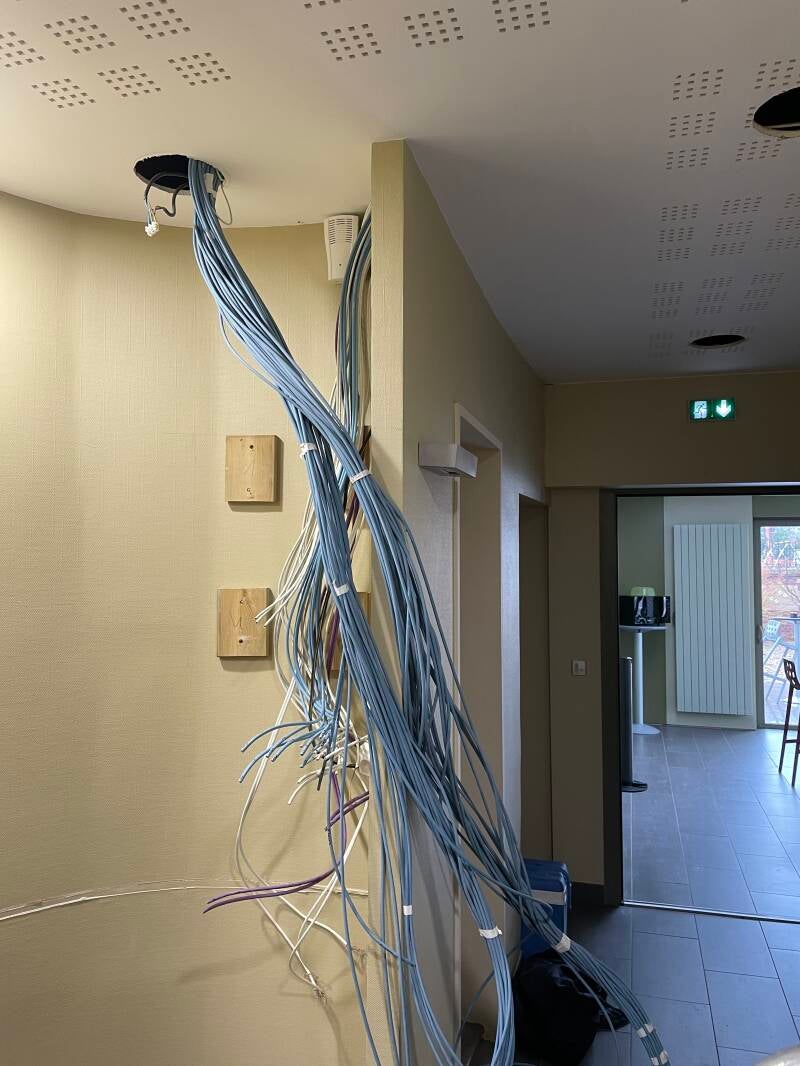 Faisceau de câbles réseau tirés dans un local professionnel avant raccordement à la baie informatique