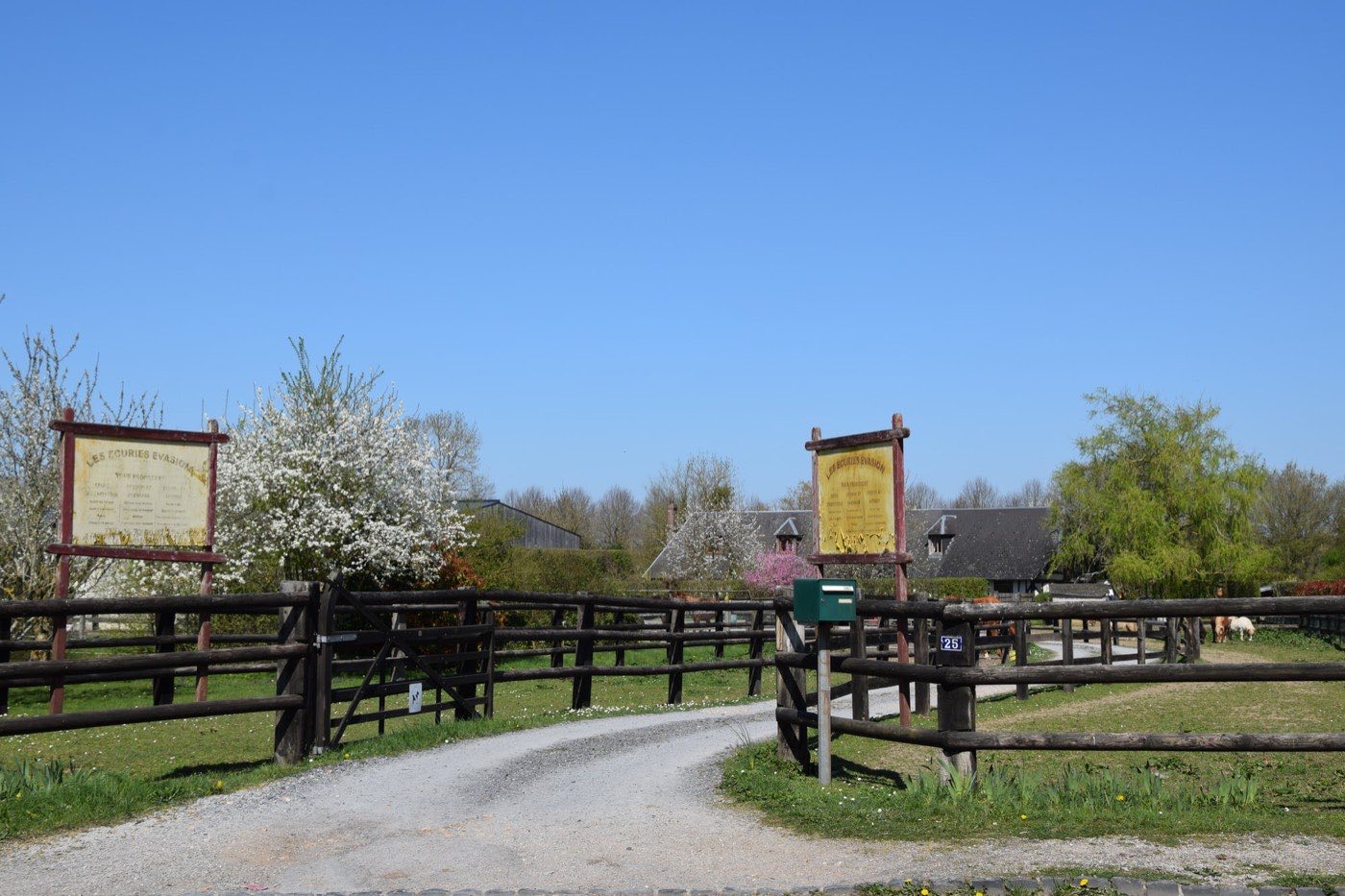 L'allée d'entrée des Écuries Évasions, bordée de barrières et de panneaux, un jour de printemps