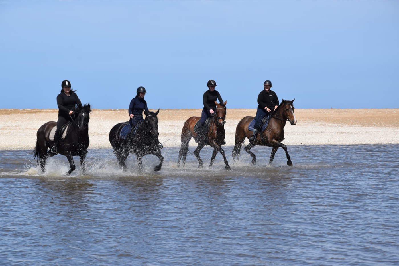 Cavaliers des Écuries Évasions au pas dans l'eau lors d'une sortie à la plage
