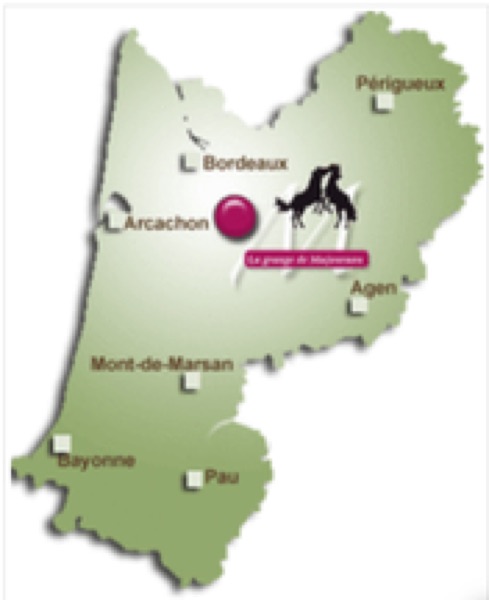 Carte de la Gironde situant le Ranch M à Sauviac, au sud de Bordeaux et à l'est d'Arcachon